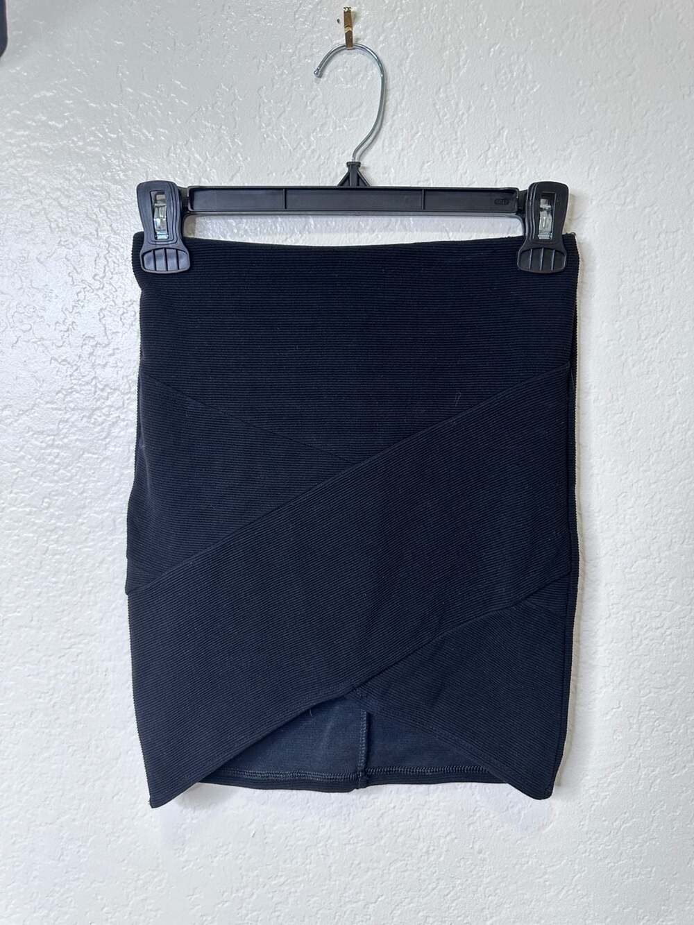 Black Ribbed Knit Asymmetric Cross Bandage Mini Skirt Size S